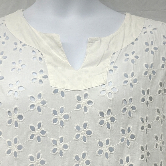 Tunic Blouse Top Cotton Floral Eyelet Lace Sheer Elbow Short Sleeve V Neck Boho - Picture 6 of 7